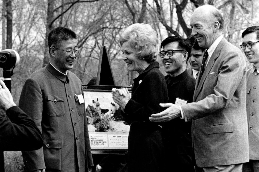 尼克松夫人帕特丽夏专程到动物园正式欢迎和接收中国赠送的大熊猫“玲玲”和“兴兴”