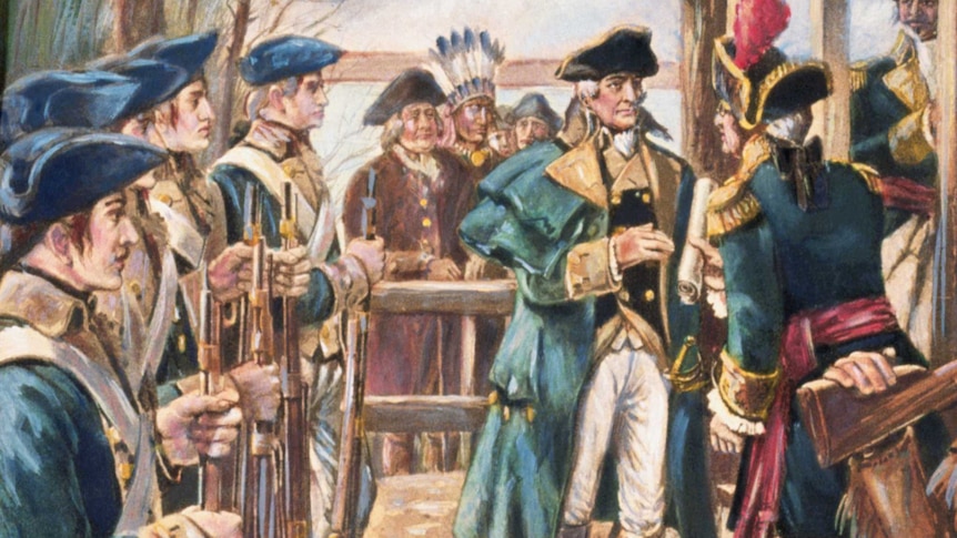 A painting depicting the ceremony of land transfer of the Louisiana Purchase.