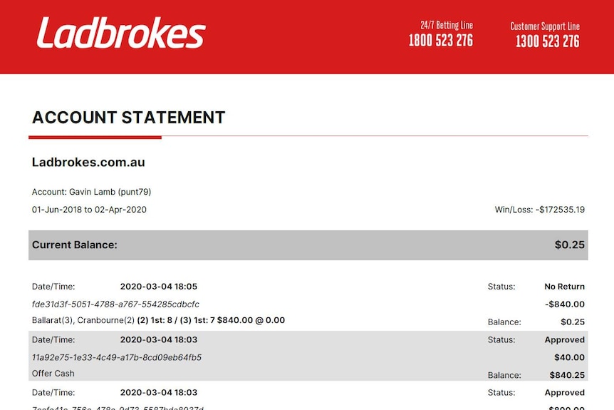 Screenshot of a ladbrokes betting account with the name Gavin Lamb (punt79) and a series of numbers listed
