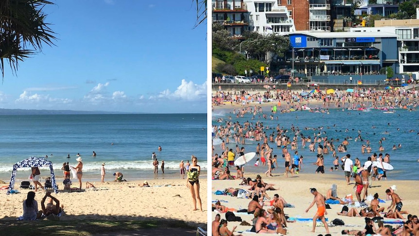 A composite photo of a quiet Noosa beach and busy Bondi beach crowds.