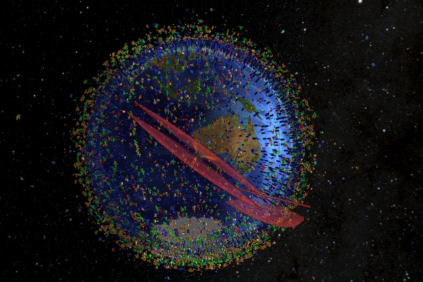 Thousands of icons of satellites and beams around earth.