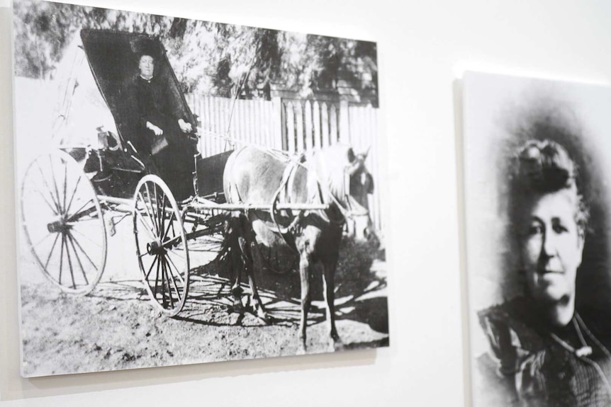 Two black and white photographs on a wall, one of a woman in a buggy pulled by a horse, the other a portrait of the same woman.