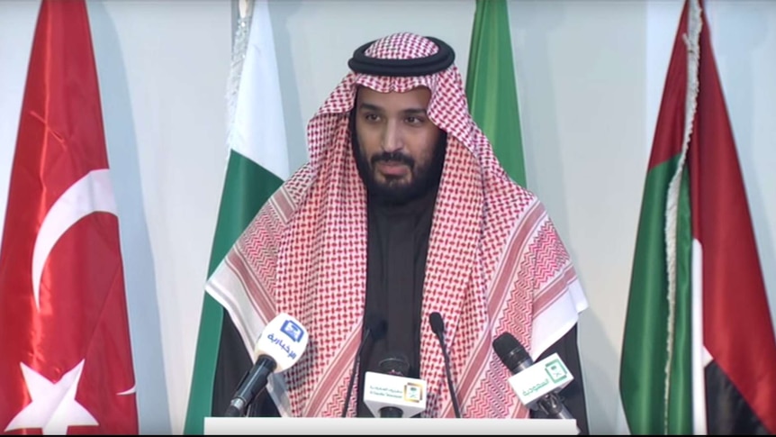 Saudi Arabian Defence Minister Mohammed bin Salman making the announcement at a rare press conference.