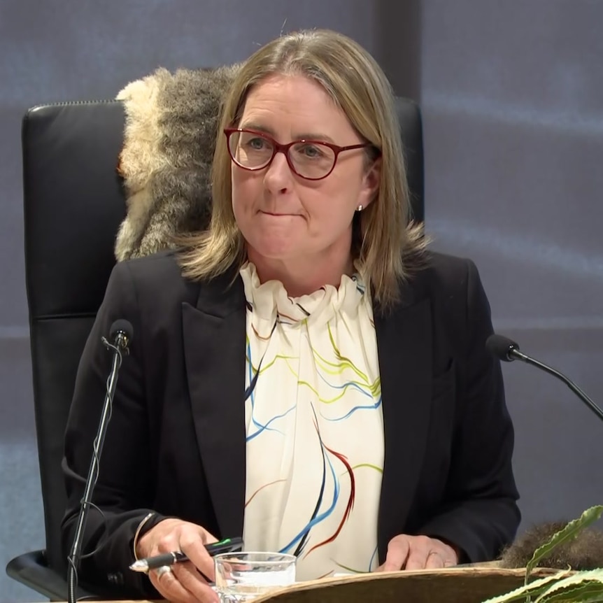 Jacinta Allan sits, looking serious, at a desk with a microphone.