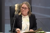 Jacinta Allan sits, looking serious, at a desk with a microphone.