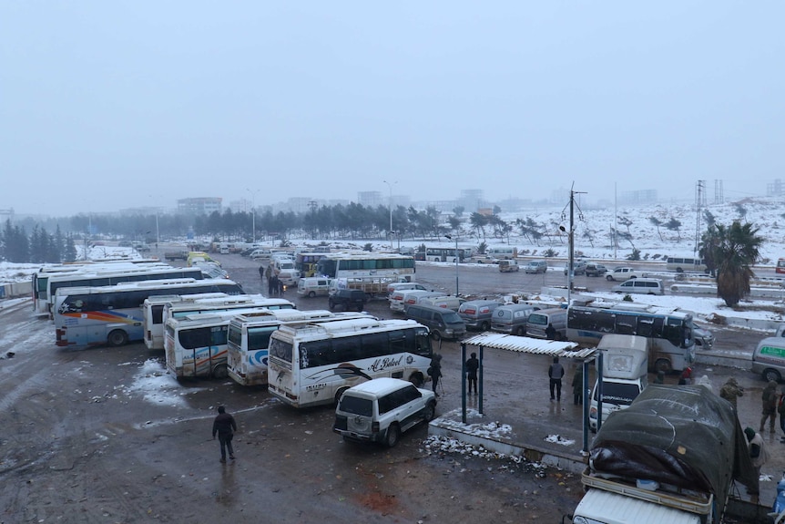 Evacuations were temporarily stalled as busses were held up at insurgent-held al-Rashideen.