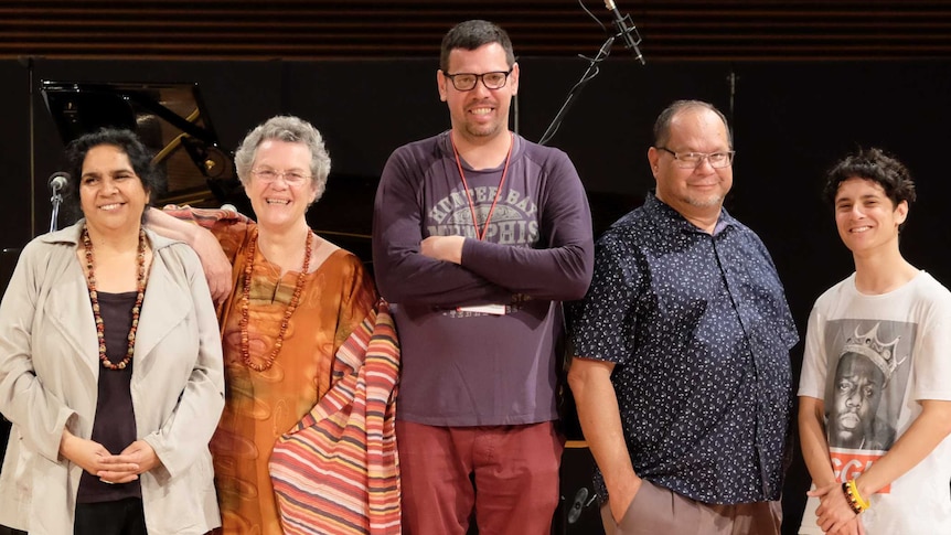 Ngarra-Burria First Peoples Composers 2018: (L-R) Brenda Gifford, Elizabeth Sheppard, Tim Gray, Troy Russell, Rhyan Clapham. Photo by Matthew Lorenzon (ABC)