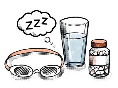 A drawing showing a glass of water, swimming goggles, a bottle of pills and a cloud with zzz in it.