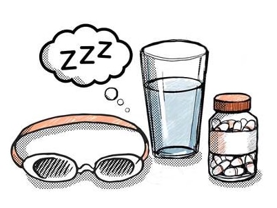 A drawing showing a glass of water, swimming goggles, a bottle of pills and a cloud with zzz in it.