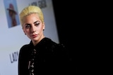 Lady Gaga looks away from the camera while posing at a press event