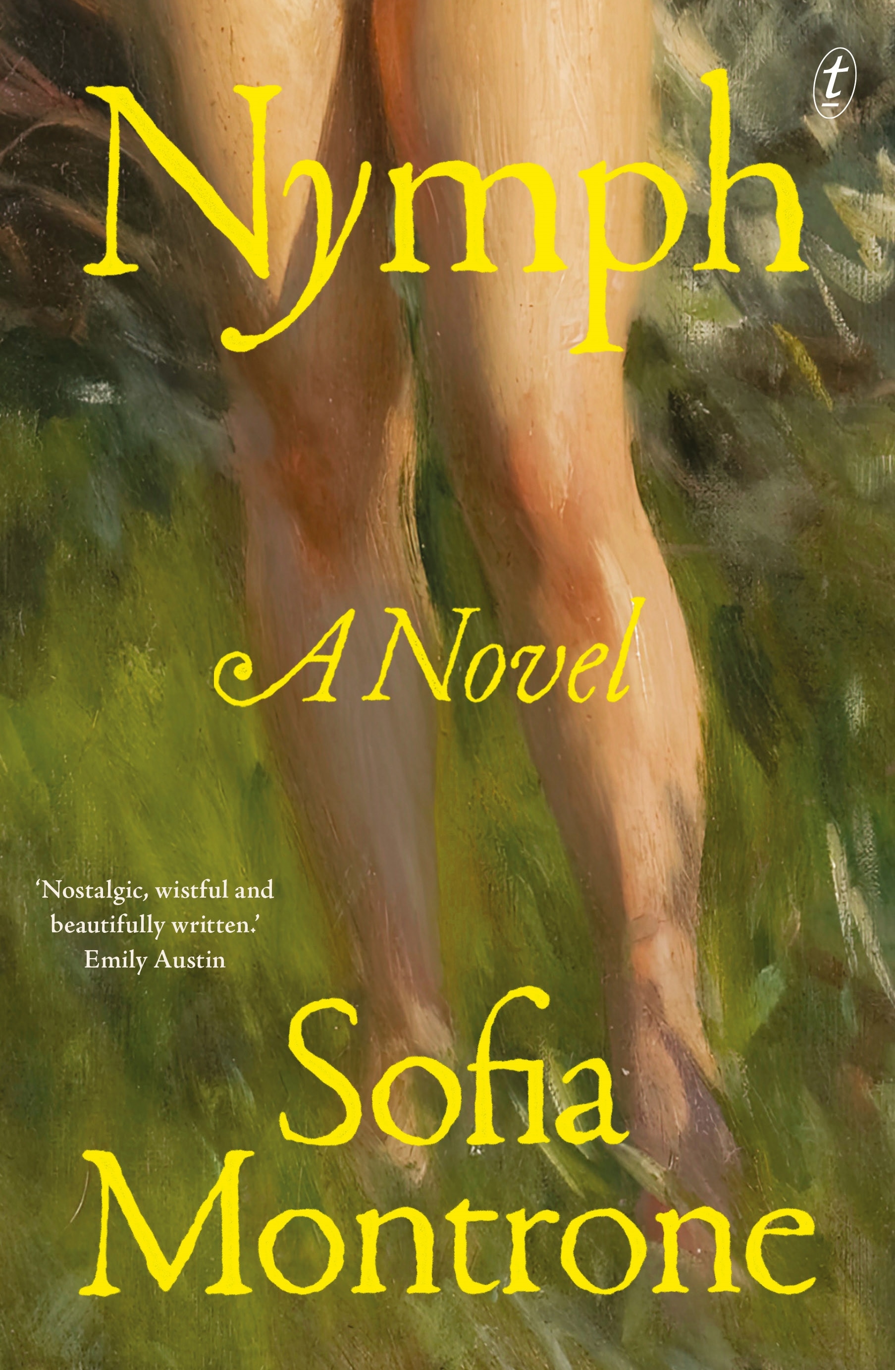 Cover of Nymph by Sofia Montrone; a painting of a girl's bare legs, surrounded by grass and foliage.