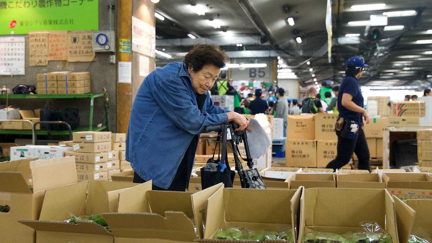Shigeko Takahashi inspects fresh produce in boxes
