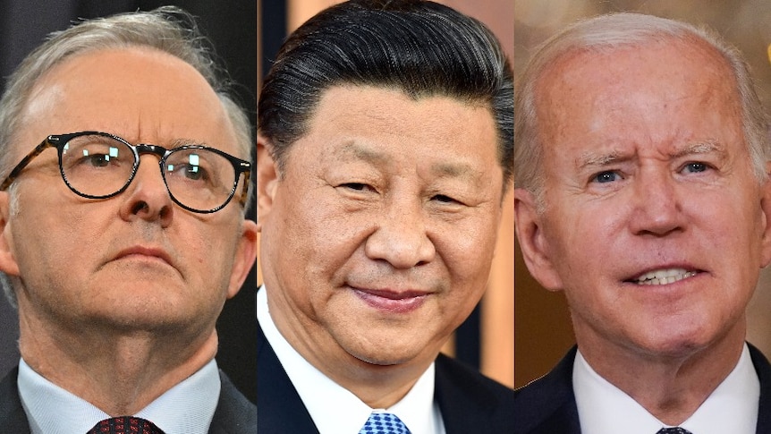 A composite image showing close up photos of Anthony Albanese, Xi Jinping and Joe Biden.