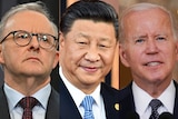 A composite image showing close up photos of Anthony Albanese, Xi Jinping and Joe Biden.