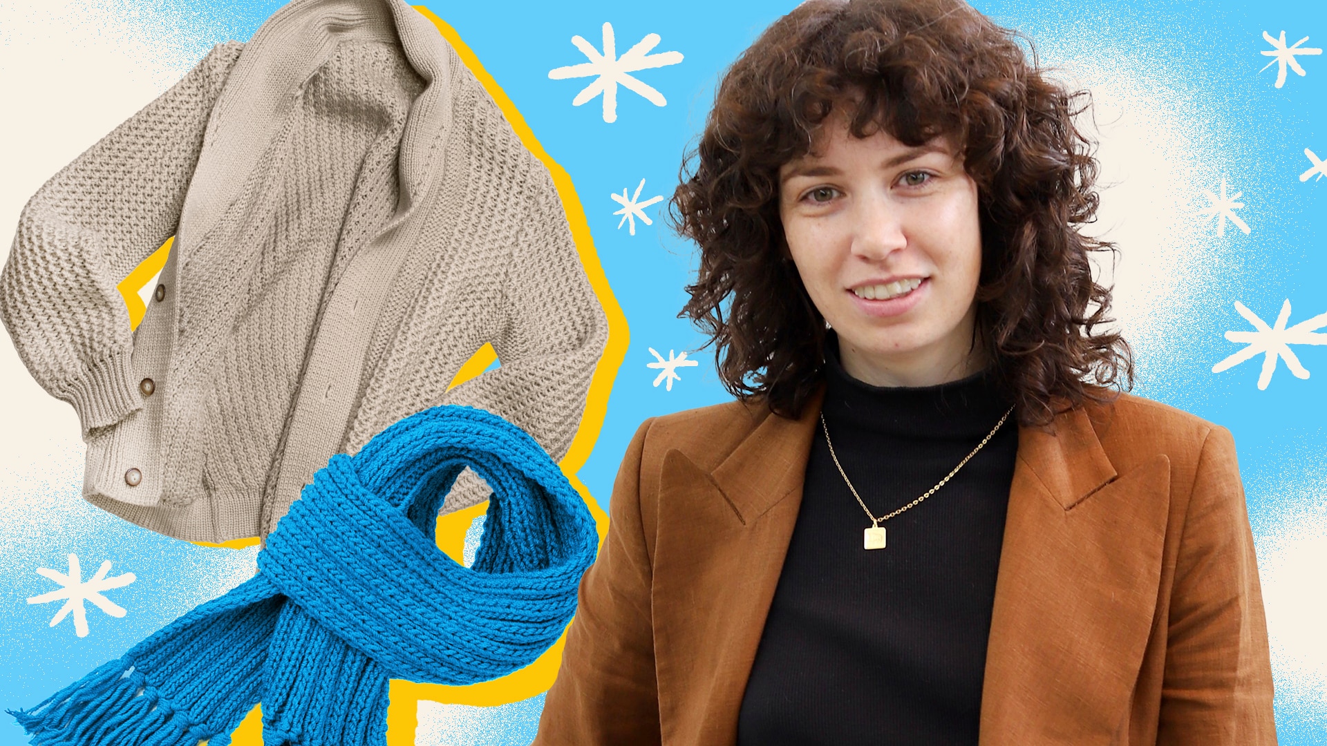 A young woman with curly brown hair wearing a brown coat, with graphic designs of a cardigan and scarf behind her