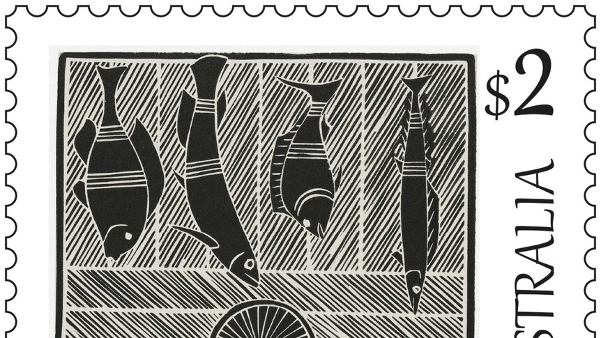 This stamp shows a piece of art called Guyamala, by Banduk Marika.