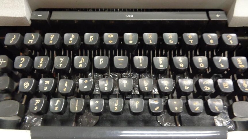 A close up of the keys on the music typewriter at the National Library of Australia.