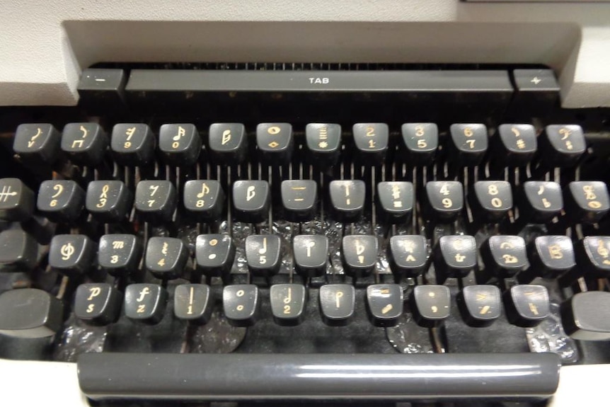 A close up of the keys on the music typewriter at the National Library of Australia.