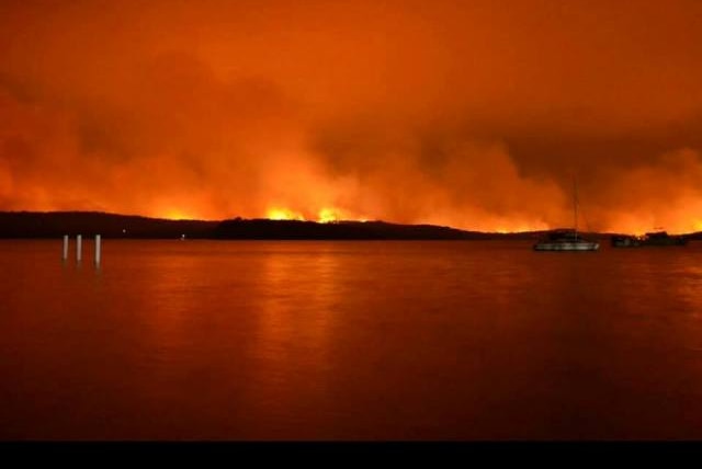 A view of the Rutleys Road fire from Lake Macquarie