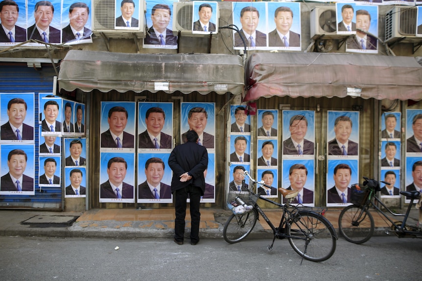 A man looks at a building with dozens of posters featuring Xi Jinping