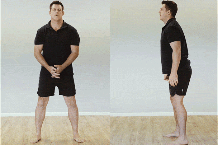 A man demonstrating a squatting exercise move to strengthen his muscles for standing up for long periods.