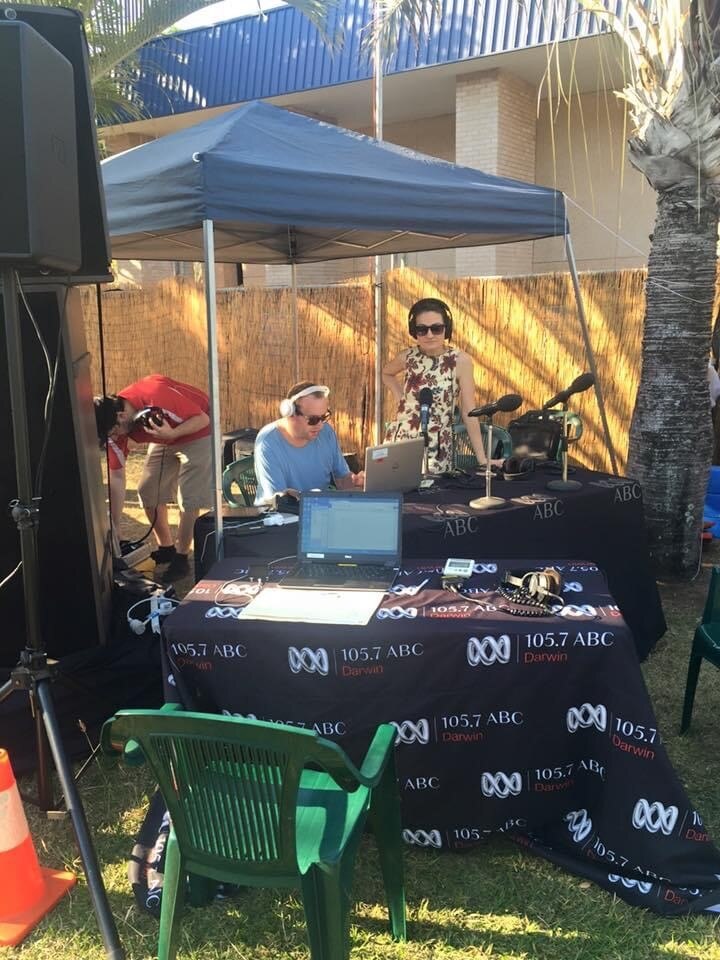 An ABC radio broadcast studio is set up outdoors