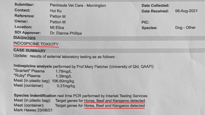 Formal chemical test results that confirm indospicine toxicity 