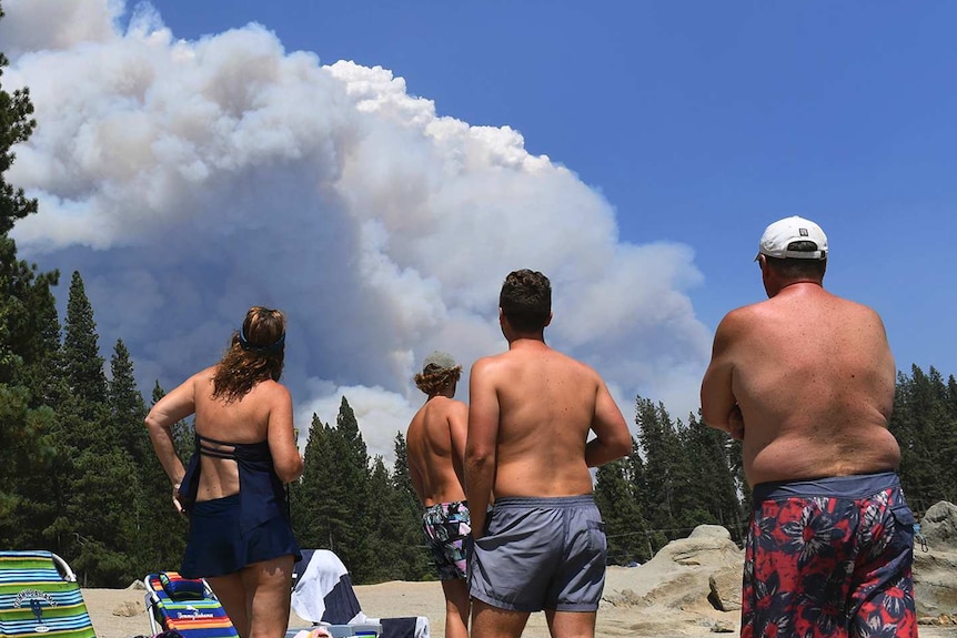 People in swimming costumes looking at smoke from a lakeside