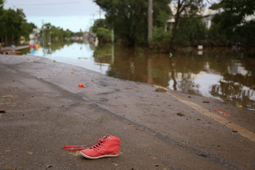 A shoe, near water, on a street.