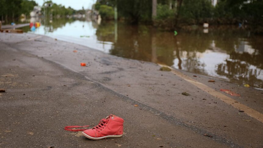 A shoe, near water, on a street.