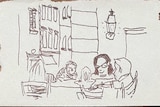 A black ink sketch of a family dining at a restaurant