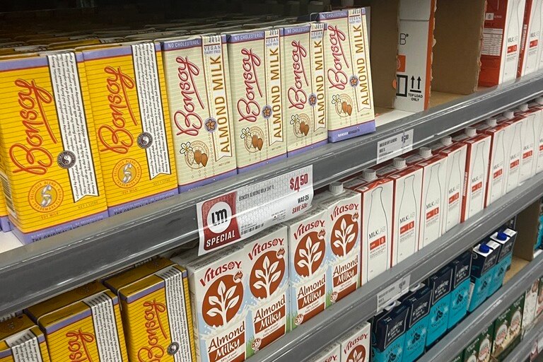 Supermarket aisle shelves full of different brands of alternative milks. 