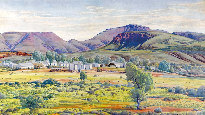 Watercolour painting of tiny Australian country town with mountains in the background