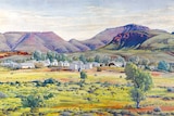 Watercolour painting of tiny Australian country town with mountains in the background