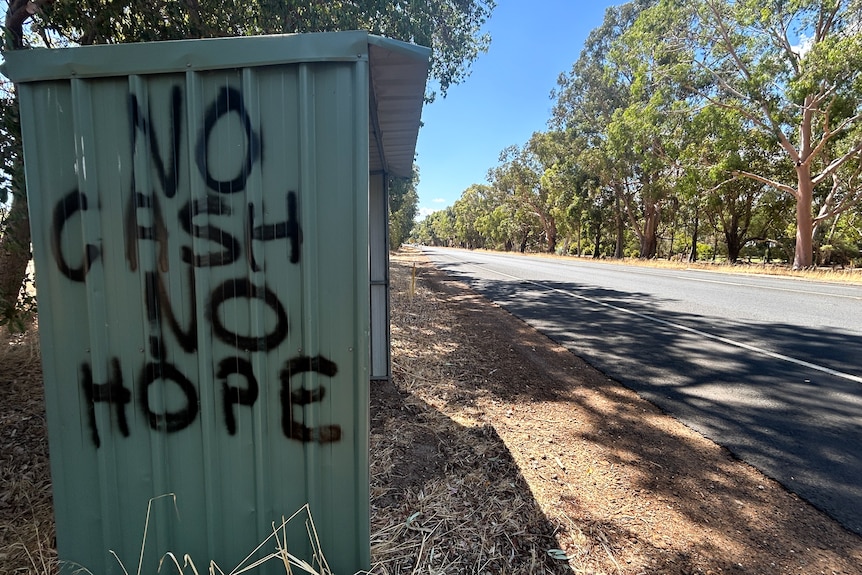 'No cash no hope' spraypainted in black on a green metal shed next to a highway.