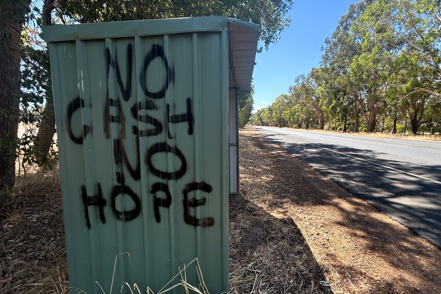 'No cash no hope' spraypainted in black on a green metal shed next to a highway.
