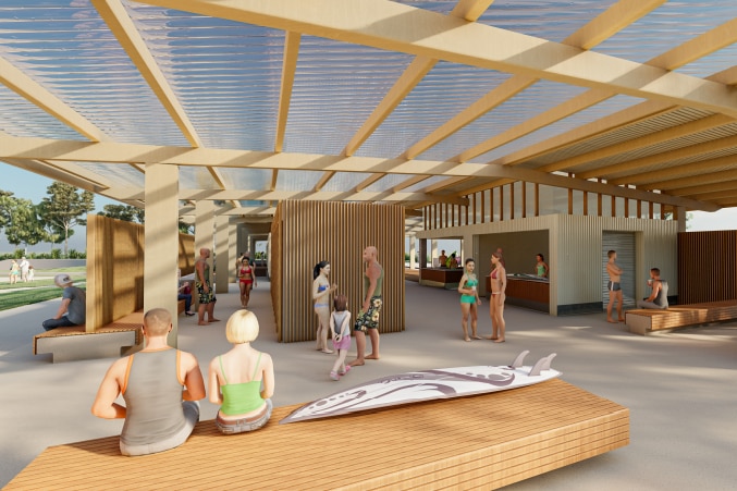 A digital rendering of a covered pavilion area with people talking to each other. 