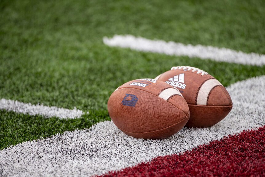 Two American footballs sit on a white line on the side of a field.