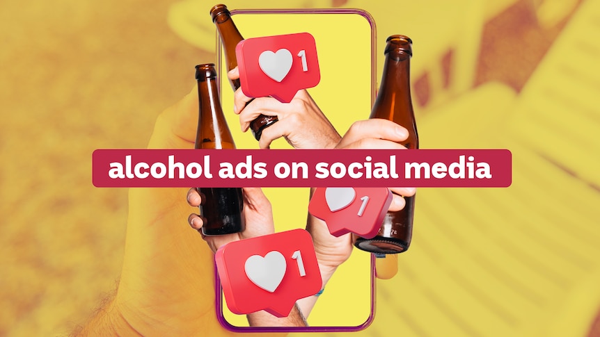 Illustration of a phone with people holding alcohol bottles coming out of the screen along with heart icons.