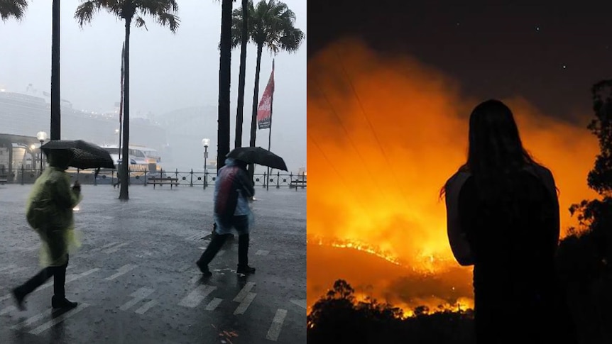 left: people with umbrellas, right: silhouetted lady looks at flames
