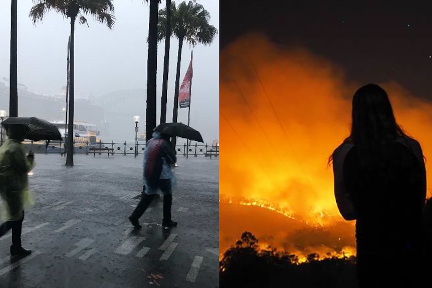 left: people with umbrellas, right: silhouetted lady looks at flames