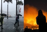 left: people with umbrellas, right: silhouetted lady looks at flames