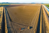 Aerial of farmland in the Ord next to irrigation channel.