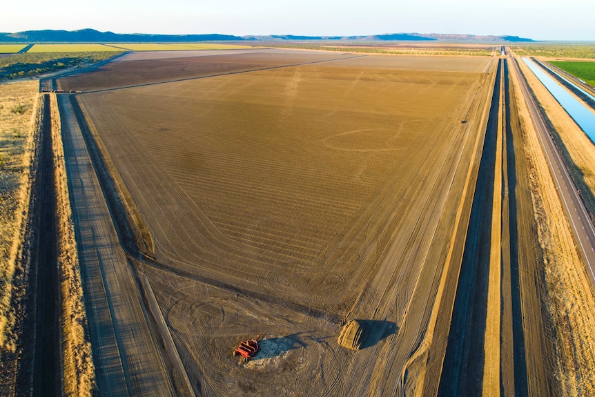 Aerial of farmland in the Ord next to irrigation channel.