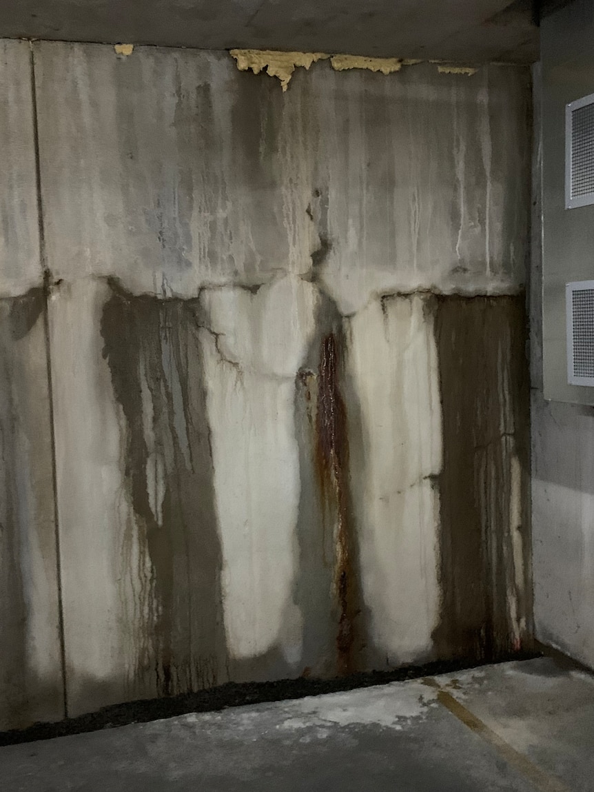 De l'eau s'écoule à travers un mur de béton dans un appartement. 