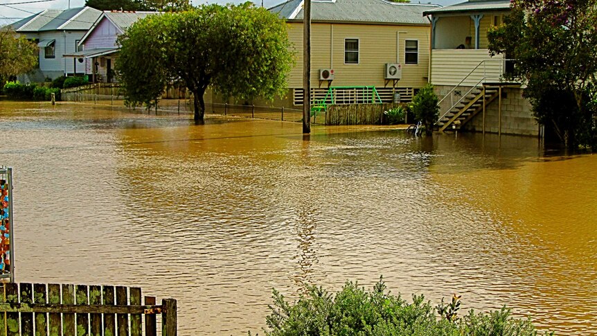 The Macleay River floods through properties in this street in Smithtown, downstream of Kempsey.