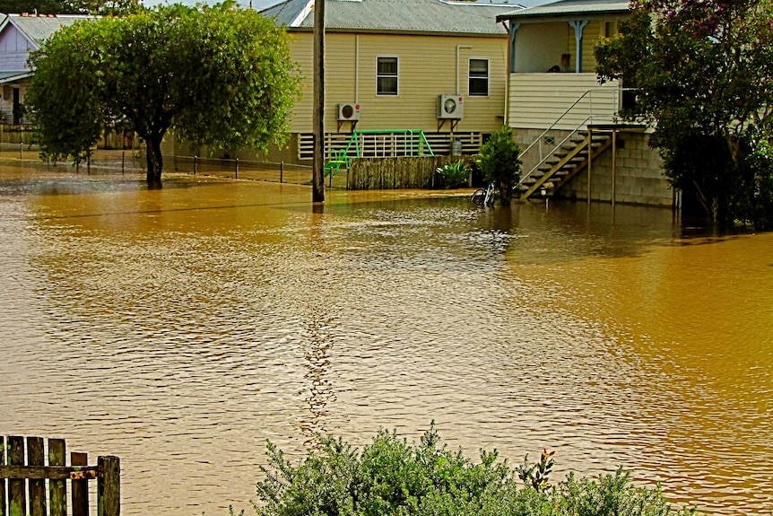 The Macleay River floods through properties in this street in Smithtown, downstream of Kempsey.