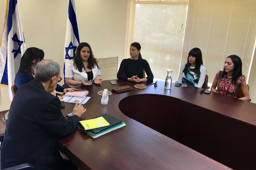 Sisters Nicole Mayer, Elly Sapper and Dassi Erlich hold discussions with members of the Israeli parliament.