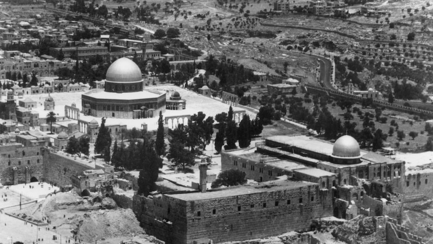 An aerial view of Al-Aqsa mosque, fire damage can be seen