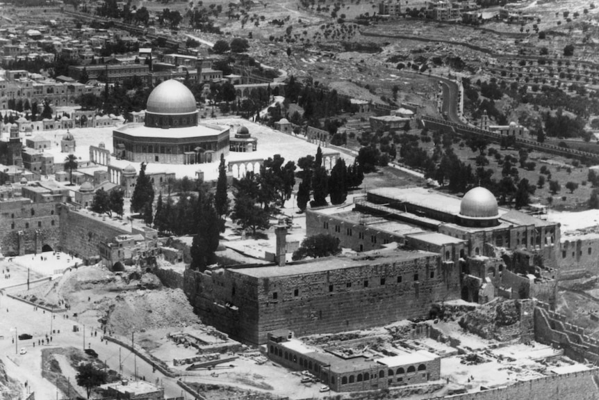 An aerial view of Al-Aqsa mosque, fire damage can be seen